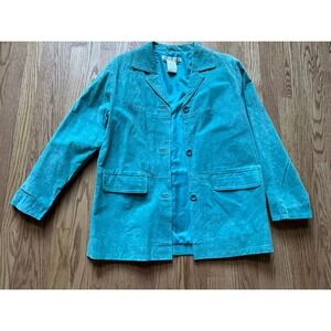 Jessica Holbrook Teal Suede Leather Jacket Coat Medium Aqua Blue Coastal Boho
